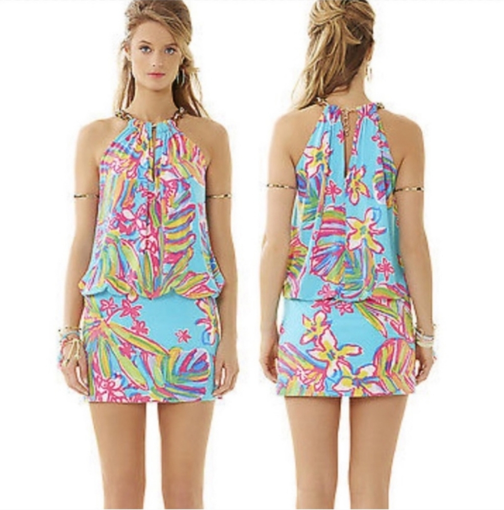 Lilly Pulitzer Sienna Halter Dress w/Chain Strap Summer Haze Blue Sz L